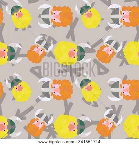 Colorful Funny Viking Seamless Pattern. Sea Kings Heads With Long Curve Orange And Blonde Hair, Bear