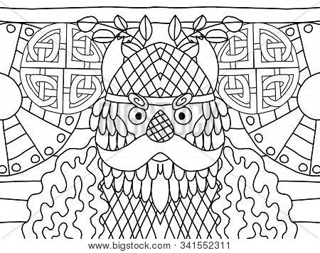 Serious Cartoon Viking Coloring Book Page. Old Man With Beard And Mustache With Horned Helmet, Fur A