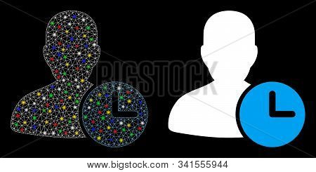 Glossy Mesh Time Management Clock Icon With Sparkle Effect. Abstract Illuminated Model Of Time Manag
