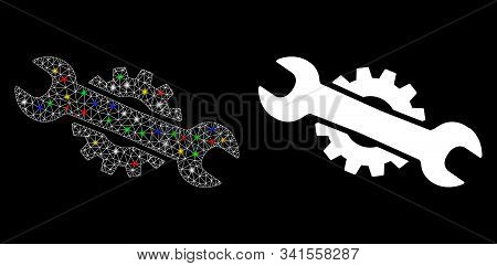 Flare Mesh Service Wrench Icon With Glitter Effect. Abstract Illuminated Model Of Service Wrench. Sh