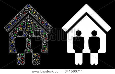 Glossy Mesh Living Persons Icon With Glare Effect. Abstract Illuminated Model Of Living Persons. Shi