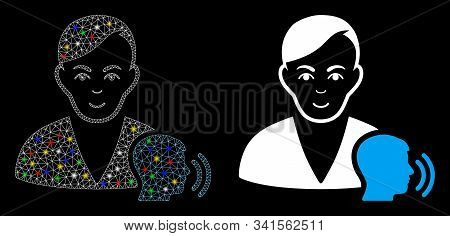 Glowing Mesh Psychoanalysis Talking Icon With Glow Effect. Abstract Illuminated Model Of Psychoanaly