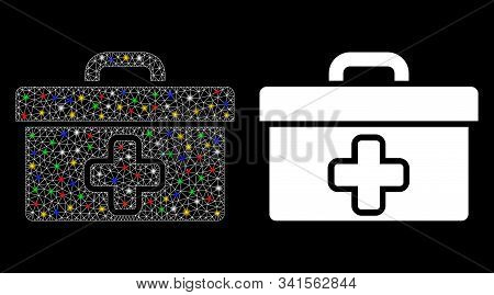 Flare Mesh Medical Tools Box Icon With Glare Effect. Abstract Illuminated Model Of Medical Tools Box