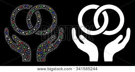 Glowing Mesh Wedding Rings Care Hands Icon With Glare Effect. Abstract Illuminated Model Of Wedding 