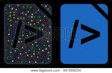 Glowing Mesh Script Code Icon With Glitter Effect. Abstract Illuminated Model Of Script Code. Shiny 