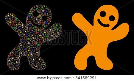 Glossy Mesh Happy Cookie Man Icon With Lightspot Effect. Abstract Illuminated Model Of Happy Cookie 