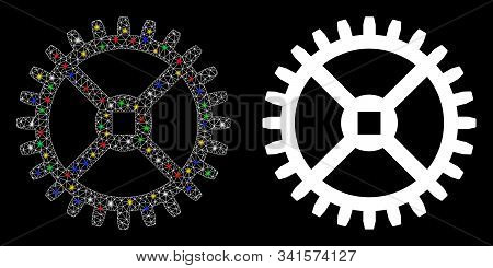 Flare Mesh Clock Tooth Wheel Icon With Glitter Effect. Abstract Illuminated Model Of Clock Tooth Whe