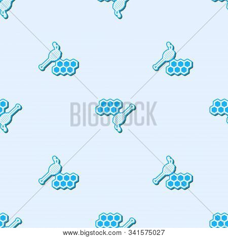 Blue Line Honeycomb With Honey Dipper Stickicon Isolated Seamless Pattern On Grey Background. Honey 