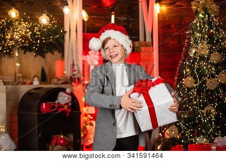 Christmas Online Shopping. Winter Wonderland In North Pole. Small Boy Celebrate New Year In Residenc