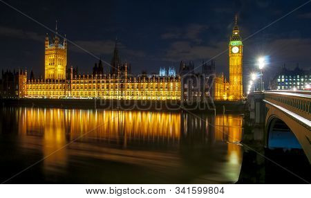 Big Ben Tower And Houses Of Parliament At Night, London, Uk