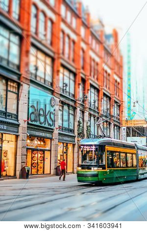 Helsinki, Finland - July 1, 2019: Beautiful Streets Of Helsinki With Tram.tilt-shift Effect Applied.
