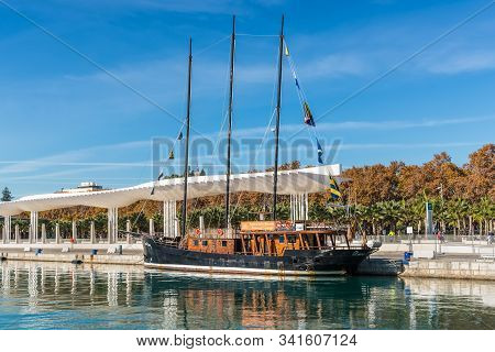 Malaga, Spain - December 4, 2018: Three-masted Schooner Anne Bonny, Built In 1905, Docked In The Por