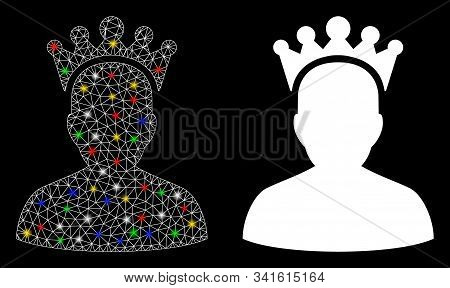 Glossy Mesh King Icon With Glare Effect. Abstract Illuminated Model Of King. Shiny Wire Frame Triang