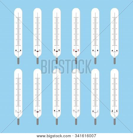 Cute Cartoon Thermometer With Different Emotions. Vector Illustration Set.