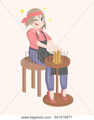 Happy Cartoon Vector Isolated Potter Girl. Cute Woman Sitting And Modeling A Jug Out Of Clay. The Gi
