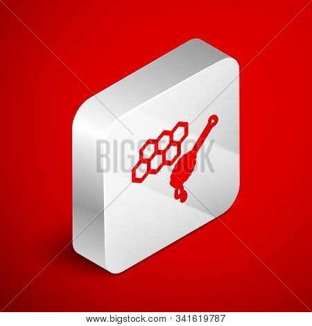 Isometric Line Honeycomb With Honey Dipper Stickicon Isolated On Red Background. Honey Ladle. Honey 