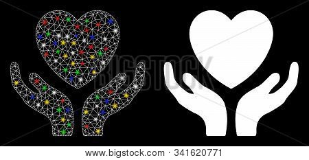 Glossy Mesh Love Heart Care Hands Icon With Glitter Effect. Abstract Illuminated Model Of Love Heart