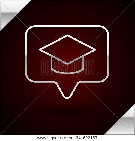 Silver Line Graduation Cap In Speech Bubble Icon Isolated On Dark Red Background. Graduation Hat Wit