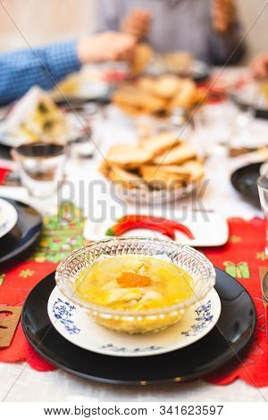 Plate With Piftie Or Friture At A Festive Meal. Aspic Meal.