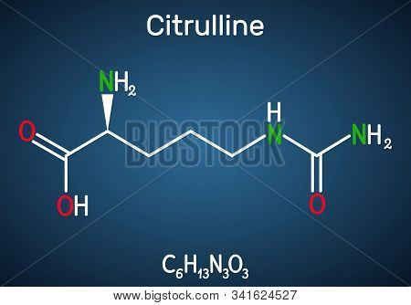 Citrulline C6h13n3o3, Alpha Amino Acid Molecule. Structural Chemical Formula On The Dark Blue Backgr