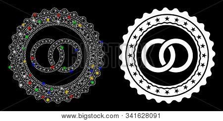 Glossy Mesh Wedding Rings Stamp Icon With Glare Effect. Abstract Illuminated Model Of Wedding Rings 
