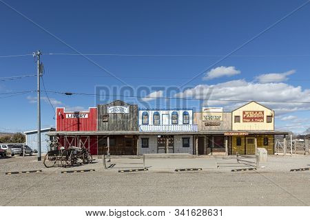 Seligman, Usa - March 19, 2019: View On Historic Wild West Facade With Livery And Tonsorial Of Doc H