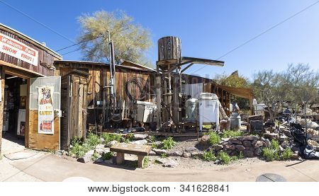 Oatman Ghost Town,   Usa - March 3 , 2019: Panoramic View Of The The Famous 