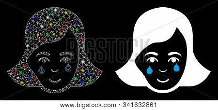 Glowing Mesh Crying Woman Face Icon With Glow Effect. Abstract Illuminated Model Of Crying Woman Fac