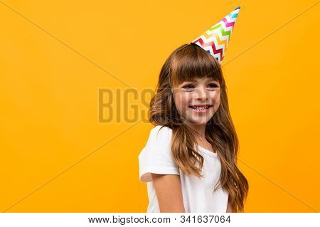 Little Caucasian Girl With Curlu Brown Hair Have Birthday Party Isolated On White Background.