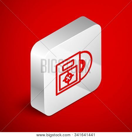Isometric Line Cd Or Dvd Disk In Box Icon Isolated On Red Background. Compact Disc Sign. Silver Squa