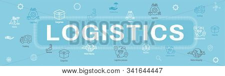 Logistics Icon Set And Web Header Banner W Buildings, Trucking, People And Shipping Box