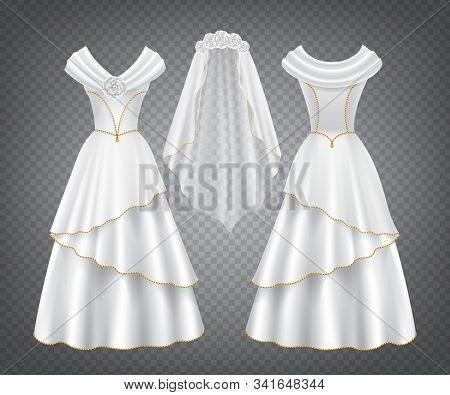 White Wedding Woman Dress With Tulle Veil Decorated By Flowers And Golden Stitching. Vector Elegant 