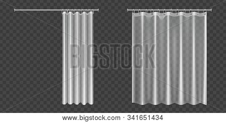 White Clear Shower Curtains Isolated On Transparent Background. Vector Realistic Mock Up Of Open And