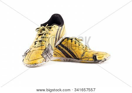 Old Yellow Worn Out Futsal Sports Shoes On White Background Soccer Sportware Object Isolated