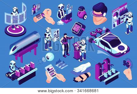 Isometric Technologies Future Robot Set Of Isolated Robots And Human Characters High Speed Transport