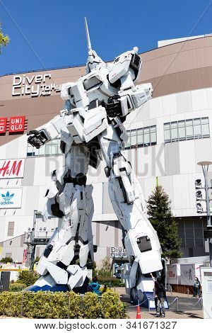 Tokyo, Japan - April 28, 2019, The Unidentified Traveler Look At Rx-0 Unicorn Gundam Statue In Norma