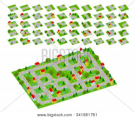 Set Of 3d Isometric Tileset For Creating Video Game With Town And Streets. Tiles With Parts Of Roads