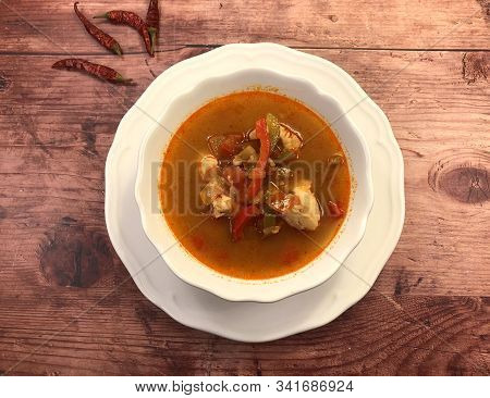 Traditional Hungarian Fish Soup "halászlé". Food Concept With Copy Space.