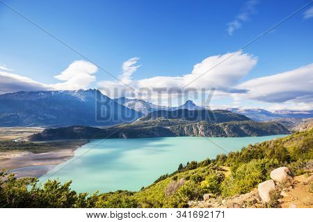 Beautiful mountains landscape along gravel road Carretera Austral in southern Patagonia, Chile