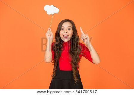 Thinking Over Creative Idea. Inspiration And Idea. Smart Child With Party Cloud. Pretty Thoughtful K