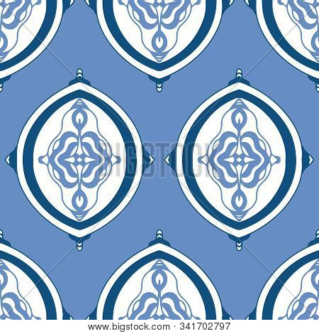 Classic Blue Ogee Element Style Seamless Vector Pattern