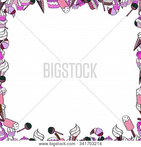 Picture In Black, White And Pink Colors. Vector. Seamless. Foursquare Frames Doodles.