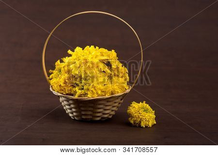 Marigold (zendu Flowers) Flowers In A Bamboo Basket.