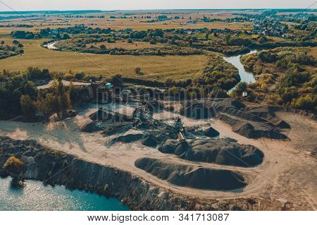 Basalt Production In Ukraine, Picturesque Aerial View Of Basalt Columns.