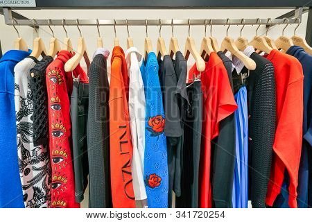 HONG KONG, CHINA - JANUARY 23, 2019: clothes on display at Kenzo store in New Town Plaza. New Town Plaza is a shopping mall in the town centre of Sha Tin, Hong Kong.