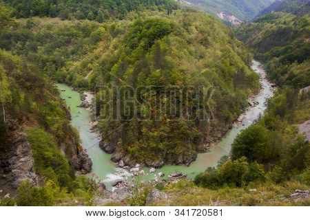 Tara River Canyon, Mountains And Forests Around In The Durmitor Nature Park, Montenegro