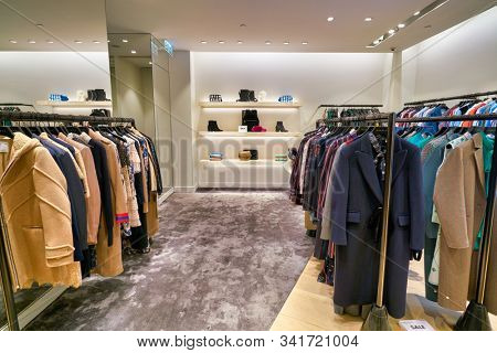 HONG KONG, CHINA - JANUARY 23, 2019: clothes on display at Sandro store in New Town Plaza. New Town Plaza is a shopping mall in the town centre of Sha Tin, Hong Kong.