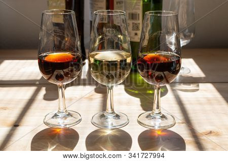 Sherry Wine Tasting, Selection Of Different Jerez Fortified Wines From Dry To Very Sweet In Glasses,