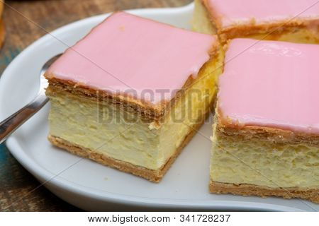 Tompoes Or Tompouce, Iconic Pastry In Netherlands And Belgium Made From Puff Dough, Icing, Cream