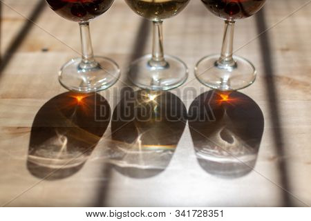 Sherry Wine Tasting, Selection Of Different Jerez Fortified Wines From Dry To Very Sweet In Glasses,
